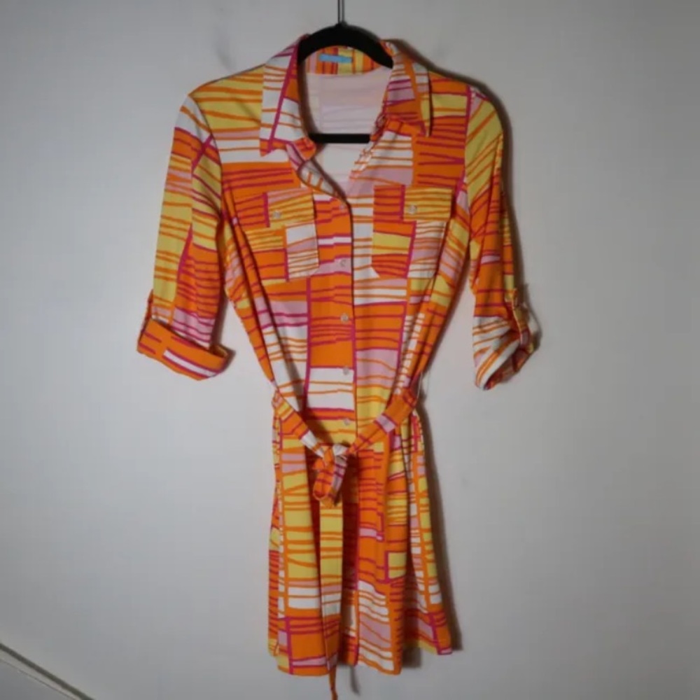 J.Mclaughlin Brynn Catalina Cloth Tie Waist Mini Dress Retro Print Orange Small